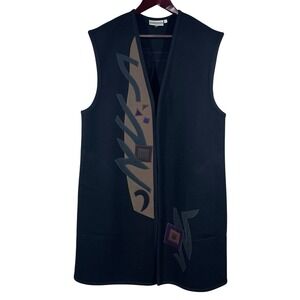 Vintage Beppa Wool Sleeveless Duster Womens L Black Abstract Art Boho Retro Vest